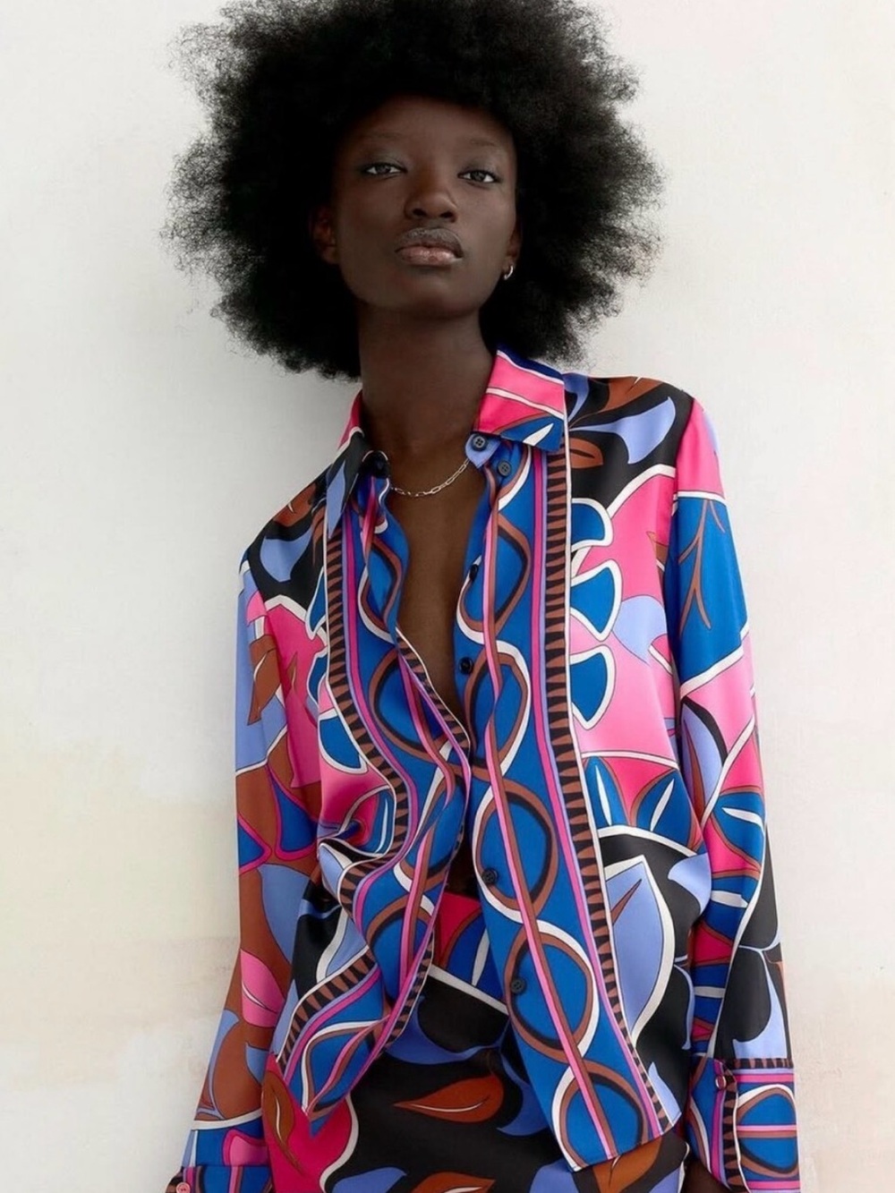 Zara Multicolor Abstract Satin Button-Down Shirt  Sz XS